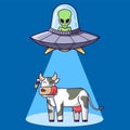 Alien plate with green alien kidnap a cow on a farm