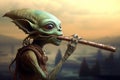Alien playing extra terrestrial flute illustration generative ai Royalty Free Stock Photo