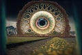 An alien portal with an eye in the landscape. surreal abstract landscape background. Generative ai illustration Royalty Free Stock Photo