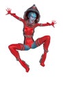 Alien queen in a red sci fi outfit doing a spider jump in a white background