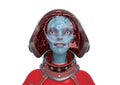 Alien queen in a red sci fi outfit doing a sweet smile in a white background