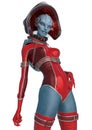 Alien queen in a red sci fi outfit style with smile in a white background