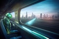 alien riding high-speed train, with view of futuristic cityscape visible through the window Royalty Free Stock Photo