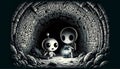 Alien and Robot Exploring Dark Underground Tunnel