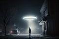 An alien saucer hovering over the city. UFO, alien invasion, unidentified flying object, visitors from space. The Royalty Free Stock Photo