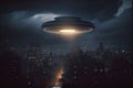 An alien saucer hovering over the city. UFO, alien invasion, unidentified flying object, visitors from space. The concept of space Royalty Free Stock Photo