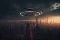 An alien saucer hovering over the city. UFO, alien invasion, unidentified flying object, visitors from space. The concept of space Royalty Free Stock Photo