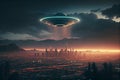 An alien saucer hovering over the city. UFO, alien invasion, unidentified flying object, visitors from space. The concept of space Royalty Free Stock Photo