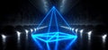 Alien Sci Fi Futuristic Modern Neon Glowing Hologram Pyramid Stage Blue Construction Metal With Studio Lights And Lasers Path