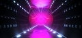 Alien Sci Fi Futuristic Spaceship Circle Glowing Matrix Neon Laser Lights Purple Blue Reflecting On Concrete Sufrace Dark Empty