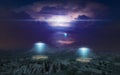 Alien ships inspect planet`s surface with bright spotlights, thunderclouds are illuminated by lightning from inside in background