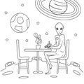 Alien is sitting at the table in cafe on the Moon. Cosmos invader is drinking a coffee. UFO concept vector in outline style for