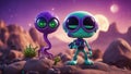 alien in the space A cartoon alien on a rocky planet with two moons and a purple sky. The alien has green skin, Royalty Free Stock Photo