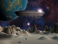 An alien space craft or UFO hovers over an alien moon Royalty Free Stock Photo