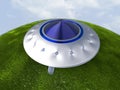 Alien space ship on grass,UFO,3d render