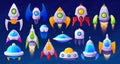 Alien Space Ships, Cartoon Ufo Saucers And Rockets Take Off With Fire Beams. Fantasy Bizarre Shuttles, Game Engines Royalty Free Stock Photo