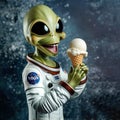 Alien in space suit enjoying ice cream