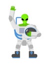 Alien in space suit. UFO replaced astronaut. Space invader