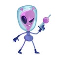 Alien with space weapon flat cartoon vector illustration