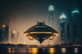 Alien spacecraft landed near big city on Earth Royalty Free Stock Photo