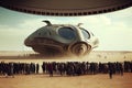 alien spacecraft preparing for departure from cosmodrome, with crowds of spectators watching in the background