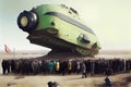 alien spacecraft preparing for departure from cosmodrome, with crowds of spectators watching in the background