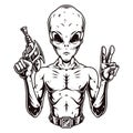 Alien with spacegun showing peace sign