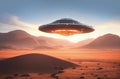 Alien spaceship as science fiction background, UFO alien technology vehicle on red desert Royalty Free Stock Photo