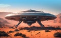 Alien spaceship as science fiction background, UFO alien technology vehicle on red desert Royalty Free Stock Photo