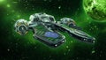 Alien spaceship in deep space with planet and stars in the background, UFO spacecraft flying in the Universe, front view Royalty Free Stock Photo
