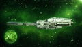 Alien spaceship in deep space with planet and stars in the background, UFO spacecraft flying in the Universe, side view, 3D render Royalty Free Stock Photo