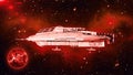 Alien spaceship in deep space, UFO spacecraft flying in the Universe with planet and stars in the background, side view, 3D render Royalty Free Stock Photo
