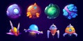 Alien spaceship, fantasy planets game icons vector set. Funny rockets, ufo shuttles cartoon collection illustrations