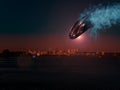 Alien spaceship flies over the night city.
