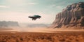 An alien spaceship flying over a desert area. Generative AI image. Royalty Free Stock Photo