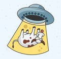Alien spaceship kidnap a funny doodle Cow. UFO invasion humorous illustration. Design for print, emblem, t-shirt, ufo party Royalty Free Stock Photo