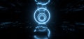 Alien Spaceship Neon Futuristic Sci Fi Laser Circle Shape Schematic Motherboard Chip Detailed Texture Reflective Metal Dark Empty