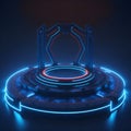 Alien Spaceship Stargate Futuristic Stage Podium Neon Glowing Lights Blue Red Colors Realistic Metal Reflection Generative Ai