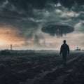 Alien spaceship (UFO) hovering over the field. Generative AI. Royalty Free Stock Photo