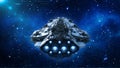 Alien spaceship in the Universe, spacecraft flying in deep space with stars in the background, UFO back view, 3D render Royalty Free Stock Photo