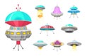 Alien spaceships, set of UFO unidentified flying object, Fantastic rockets, Cosmic spacecrafts in universe space. vector Royalty Free Stock Photo