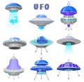 Alien spaceships, set of UFO unidentified flying object, Fantastic rockets, Cosmic spacecrafts in universe space. vector Royalty Free Stock Photo
