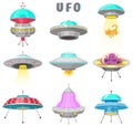 Alien spaceships, Set of UFO unidentified flying object, Fantastic rockets, Cosmic spacecrafts in universe space. Vector