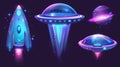 Alien spaceships, ufo with blue and purple light beam. Modern realistic illustration of futuristic flying saucer, round