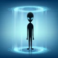 Alien stand on a futuristic background. Space invader on UFO