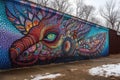 alien street artist creates intricate and colorful piece of art on brick wall