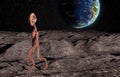 Alien on the surface of the moon and the planet Earth on a background. 3D rendering Royalty Free Stock Photo