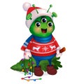 Alien in sweater holding Christmas tree. New Year.