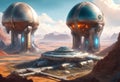 Alien technology constructions, space base on an alien planet, science fiction landscape