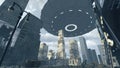 Alien UFO above apocalyptic Time Square New York Manhattan. 3D rendering